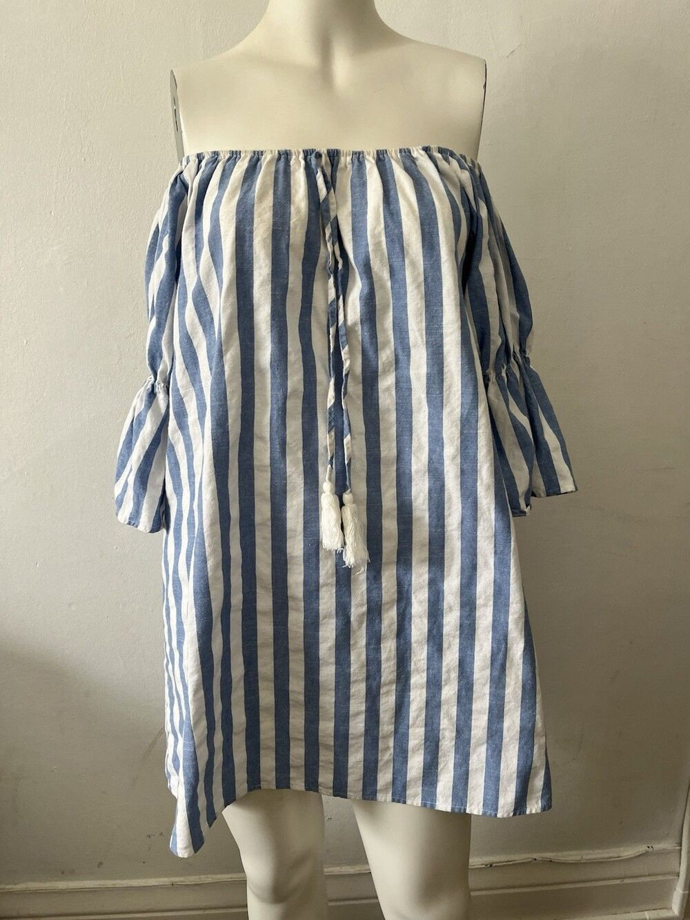 French Striped Off Shoulder Mini Dress S Boho Bell Sleeve Cotton Coastal Breton